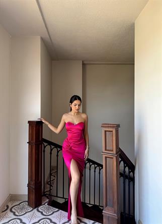 Pamira Ön Düğüm Detay Straplez Saten Abiye 582836 FUŞYA