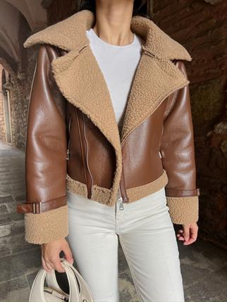Parlak İçi Peluş Kaplama Deri Crop Kaban 98458 ACI KAHVE