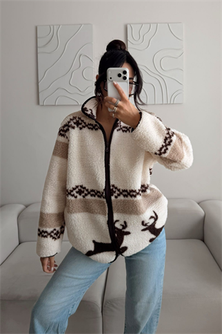 Peluş Desenli Fermuar Detay Ceket 12485