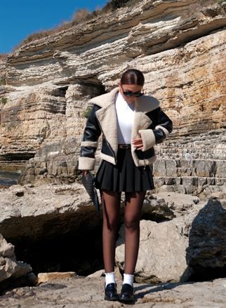 Peluş Kaplama İthal Deri Crop Kaban SİYAH