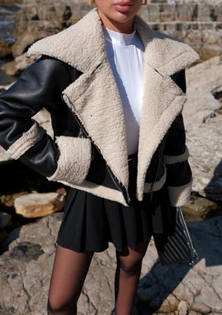 Peluş Kaplama İthal Deri Crop Kaban SİYAH