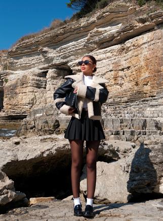 Peluş Kaplama İthal Deri Crop Kaban SİYAH