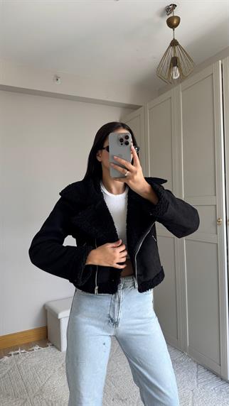 Peluş Kaplama Süet Crop Kaban Siyah