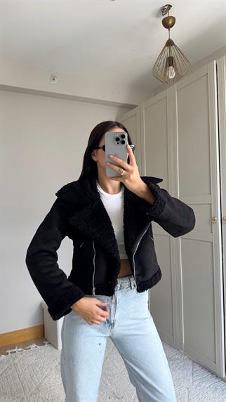 Peluş Kaplama Süet Crop Kaban Siyah