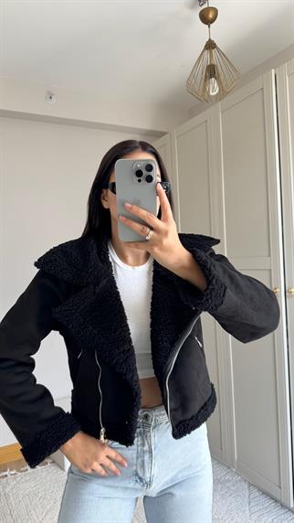 Peluş Kaplama Süet Crop Kaban Siyah