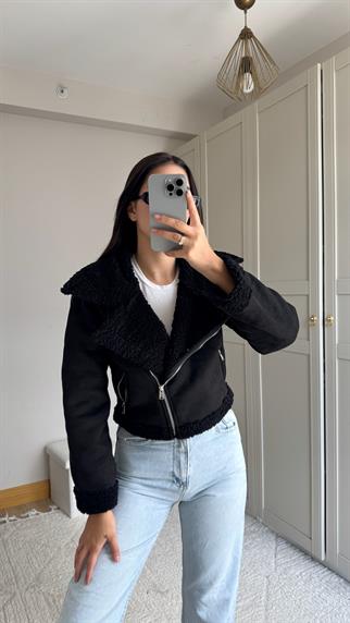 Peluş Kaplama Süet Crop Kaban Siyah