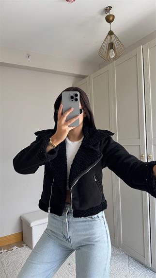 Peluş Kaplama Süet Crop Kaban Siyah