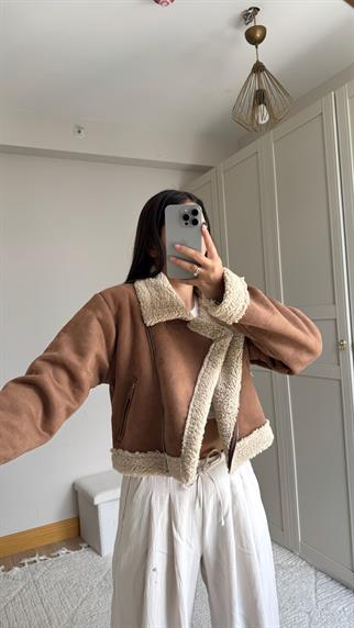 Peluş Kaplama Süet Crop Kaban Taba