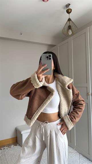 Peluş Kaplama Süet Crop Kaban Taba