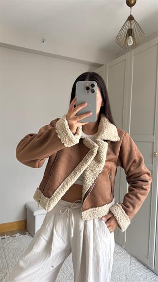 Peluş Kaplama Süet Crop Kaban Taba