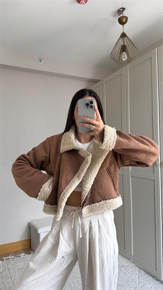 Peluş Kaplama Süet Crop Kaban Taba