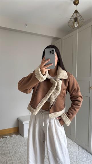 Peluş Kaplama Süet Crop Kaban Taba