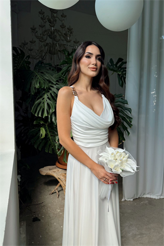 Pera Zincir Detay Saten Abiye 2005 BEYAZ