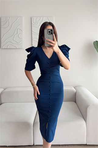 Plenty Düğme Detay Prenses Kol Midi Elbise PETROL MAVİSİ
