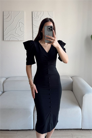 Plenty Düğme Detay Prenses Kol Midi Elbise SİYAH