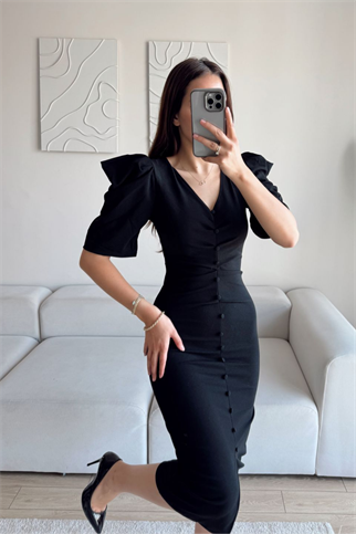 Plenty Düğme Detay Prenses Kol Midi Elbise SİYAH