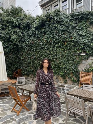 Pliseli Şifon Elbise 3073 LEOPAR