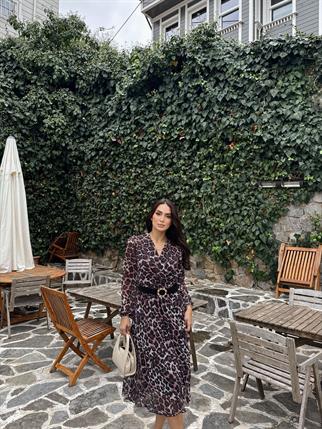 Pliseli Şifon Elbise 3073 LEOPAR