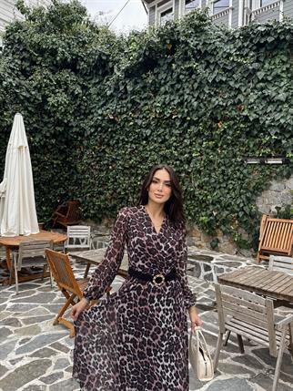 Pliseli Şifon Elbise 3073 LEOPAR