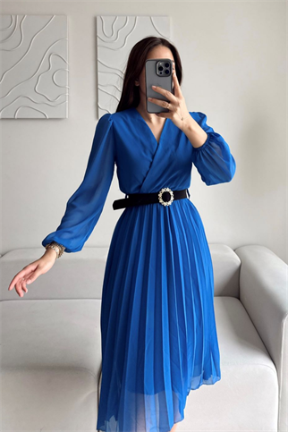 Pliseli Şifon Elbise 3073 SAKS MAVİSİ