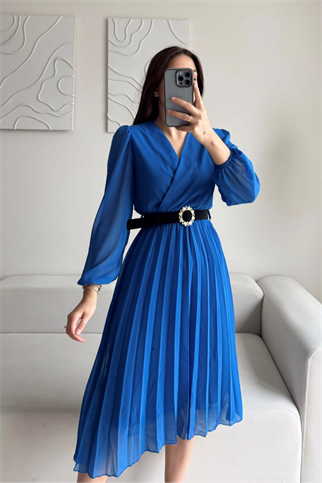 Pliseli Şifon Elbise 3073 SAKS MAVİSİ