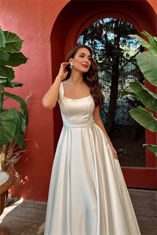 Rosa Kalın Askılı Saten Abiye 1103 BEYAZ
