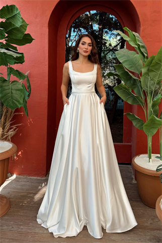 Rosa Kalın Askılı Saten Abiye 1103 BEYAZ