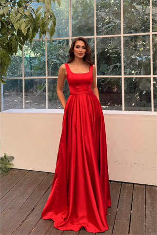 Rosa Kalın Askılı Saten Abiye 1103 KIRMIZI