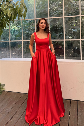 Rosa Kalın Askılı Saten Abiye 1103 KIRMIZI