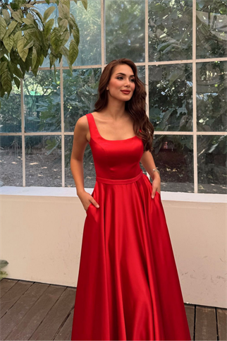 Rosa Kalın Askılı Saten Abiye 1103 KIRMIZI