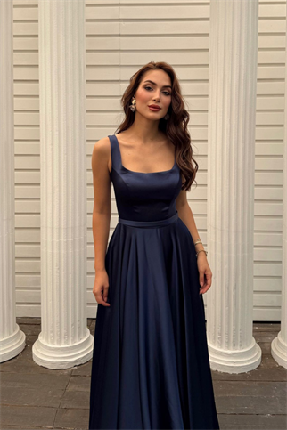 Rosa Kalın Askılı Saten Abiye 1103 LACİVERT