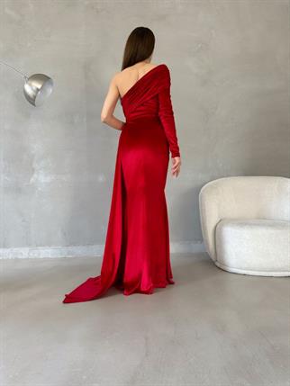 Rosabella Tek Kol Kadife Abiye 582269 KIRMIZI