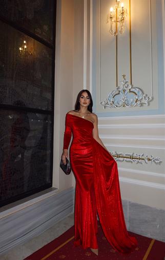 Rosabella Tek Kol Kadife Abiye 582269 KIRMIZI
