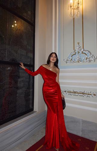 Rosabella Tek Kol Kadife Abiye 582269 KIRMIZI