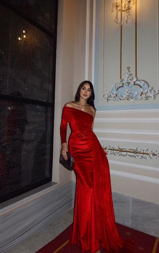 Rosabella Tek Kol Kadife Abiye 582269 KIRMIZI