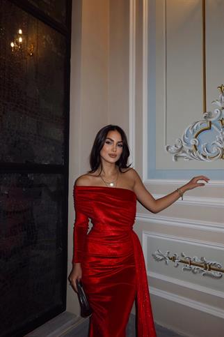 Rosabella Tek Kol Kadife Abiye 582269 KIRMIZI