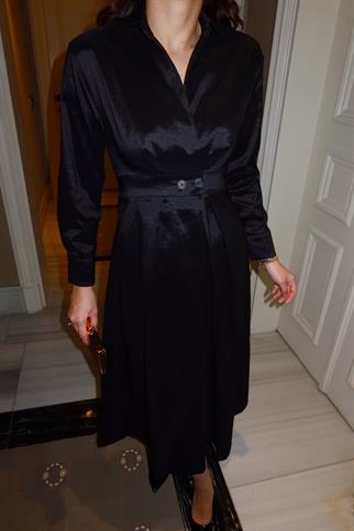 Rosie Düğmeli Pliseli Elbise 1190 SİYAH