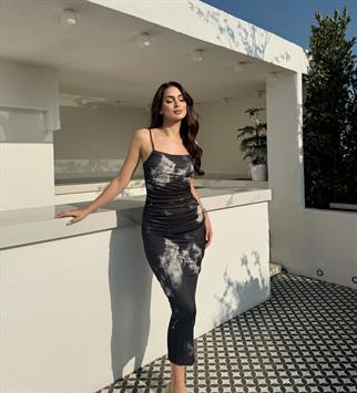 Rosita Batik Desen Askılı Elbise 12149 SİYAH