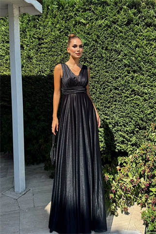 Selen Parlak Kumaş V Yaka Abiye 9223 SİYAH