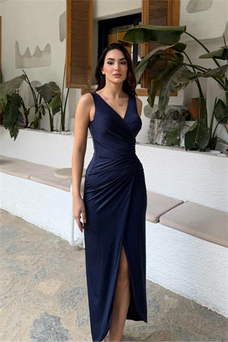 Senda V Yaka Yırtmaçlı Simli Maxi Elbise 40117