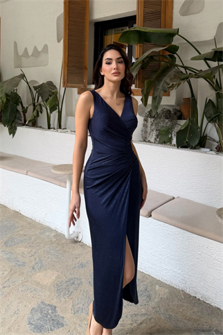 Senda V Yaka Yırtmaçlı Simli Maxi Elbise 40117