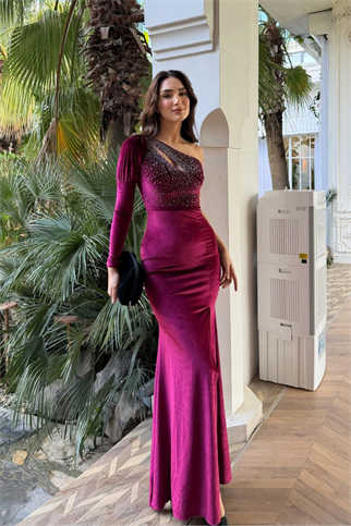 Seren Tek Kol Kadife Abiye 583102 BORDO