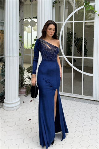Seren Tek Kol Kadife Abiye 583102 LACİVERT