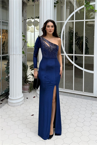 Seren Tek Kol Kadife Abiye 583102 LACİVERT