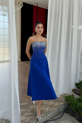 Sezay Taş İşleme Straplez Midi Elbise 1019