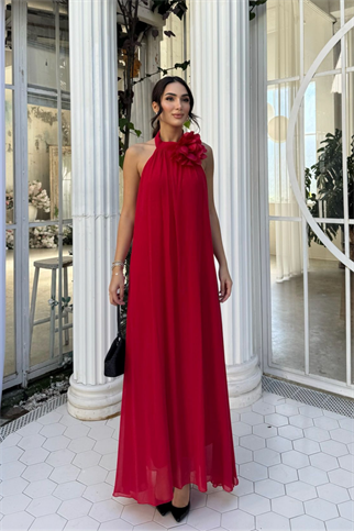 Sezen Gül Detay Şifon Abiye 9351 KIRMIZI