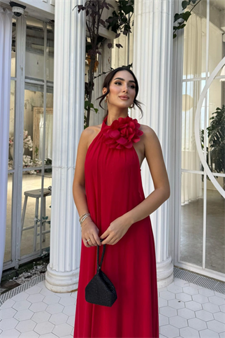 Sezen Gül Detay Şifon Abiye 9351 KIRMIZI