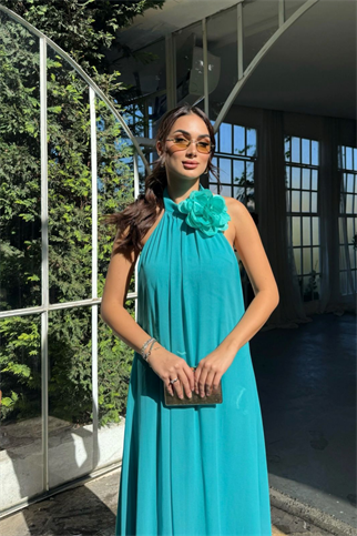 Sezen Gül Detay Şifon Abiye 9351 TURKUAZ