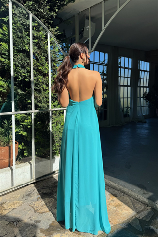 Sezen Gül Detay Şifon Abiye 9351 TURKUAZ