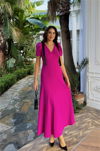Sienna V Yaka Omuz Detaylı Midi Elbise 9357 FUŞYA